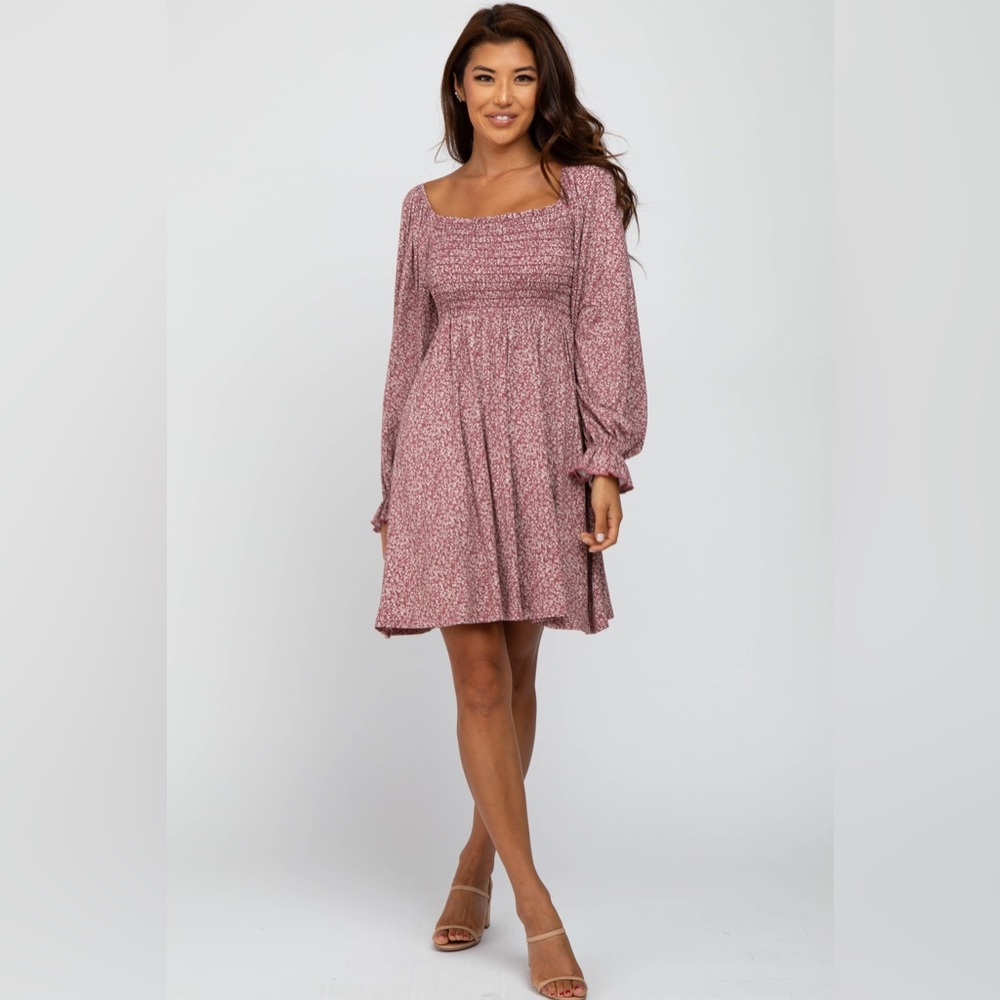 NWT Plum Floral Smocked Peasant Sleeve Maternity Dress